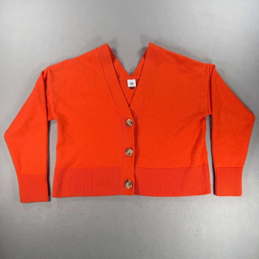 Cabi Busy Cardigan 6652 Orange V-Neck Knit Button Front Sweater Large